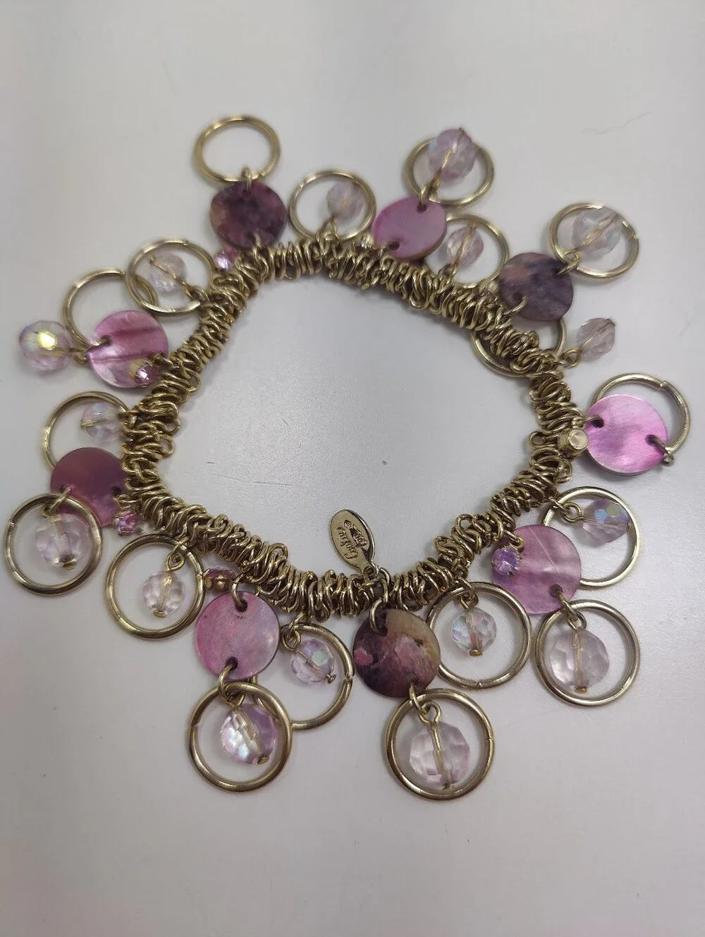 Cookie Lee Pink Rhinestone Iridescent Charm Bracelet Gold Tone Stretch Statement